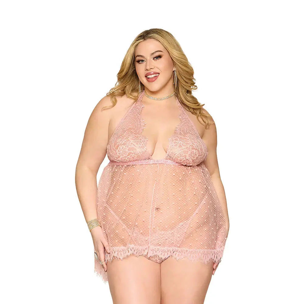 Lingerie - Baby dolls Chemises etc Dreamgirl Lace and Polka Dot Mesh Babydoll and G-String Rose Quartz 2XL