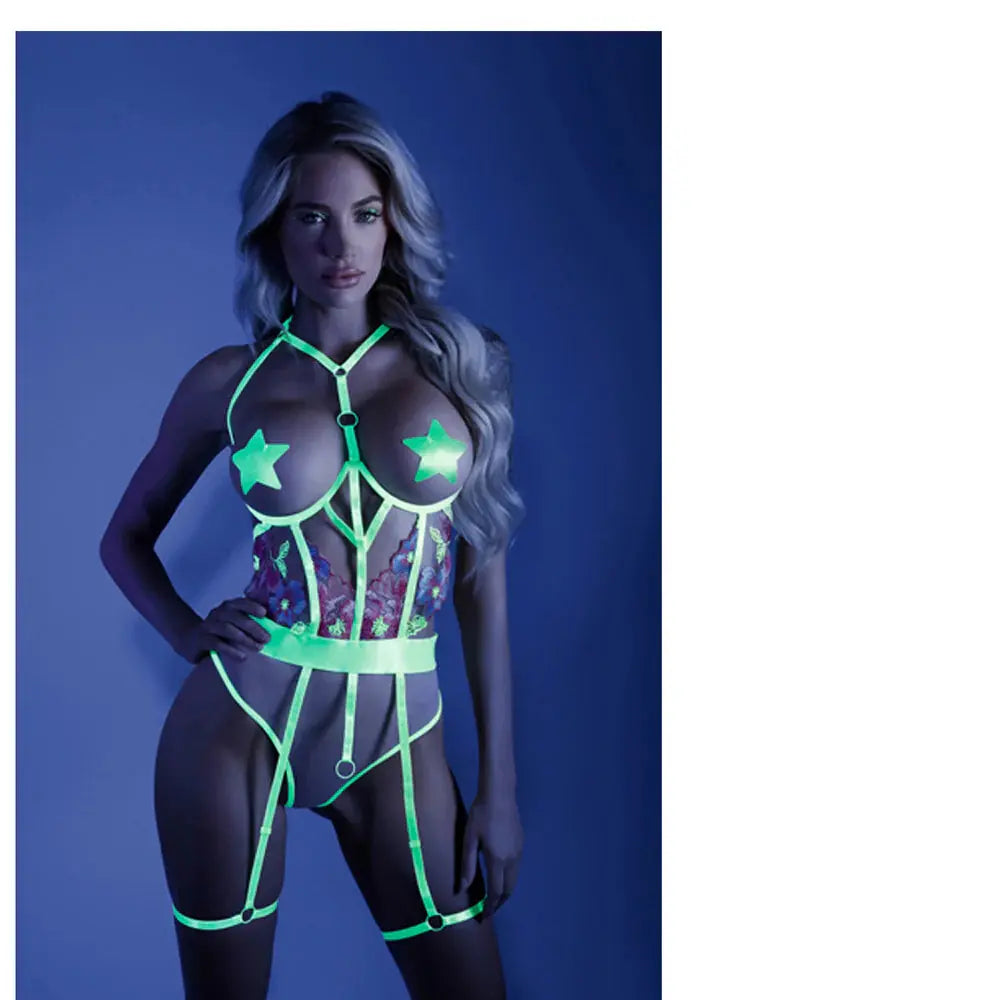 Lingerie - Body Stockings Glow Open-Cup Crotchless Teddy Neon Yellow L/XL
