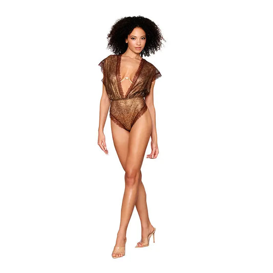 Lingerie - Baby dolls Chemises etc Dreamgirl Delicate Gold-Foil Lace Blouson Teddy & Rhinestone Metal Underwire Bra Set Gold XL