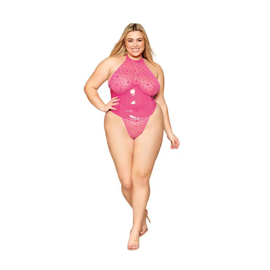 Lingerie - Baby dolls Chemises etc Dreamgirl Flocked Heart Stretch Mesh and Stretch Vinyl Halter Teddy Peony 1XL