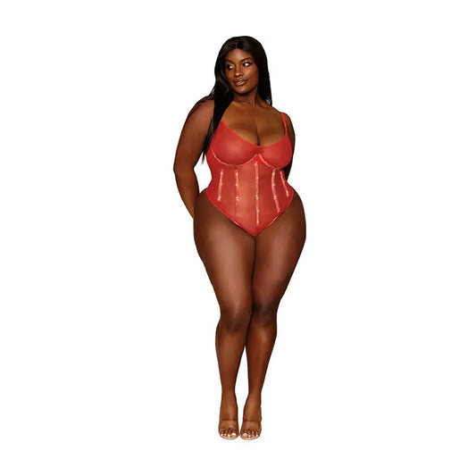Lingerie - Baby dolls Chemises etc Dreamgirl Gold-foiled Stretch Mesh Teddy with Rhinestone Detailing and Heat-Sealed Edges Ruby 3XL