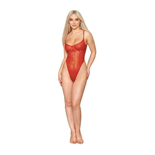 Lingerie - Baby dolls Chemises etc Dreamgirl Gold-foiled Stretch Mesh Teddy with Rhinestone Detailing and Heat-Sealed Edges Ruby L
