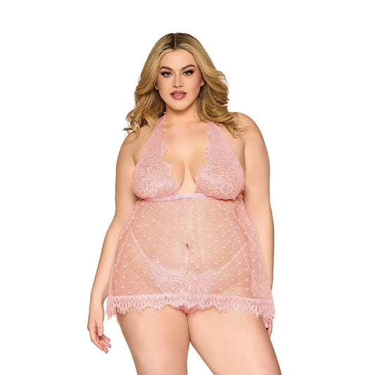 Lingerie - Baby dolls Chemises etc Dreamgirl Lace and Polka Dot Mesh Babydoll and G-String Rose Quartz 2XL