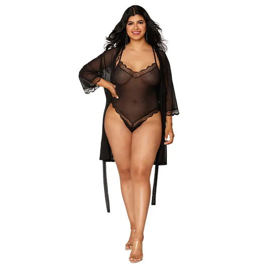 Lingerie - Baby dolls Chemises etc Dreamgirl Mesh Robe & Strappy Back Teddy With Lace Trim Black 3XL Hanging