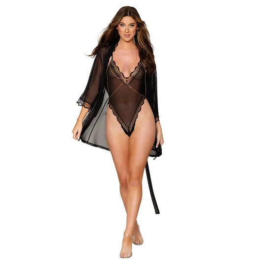 Lingerie - Baby dolls Chemises etc Dreamgirl Mesh Robe & Strappy Back Teddy With Lace Trim Black XL Hanging