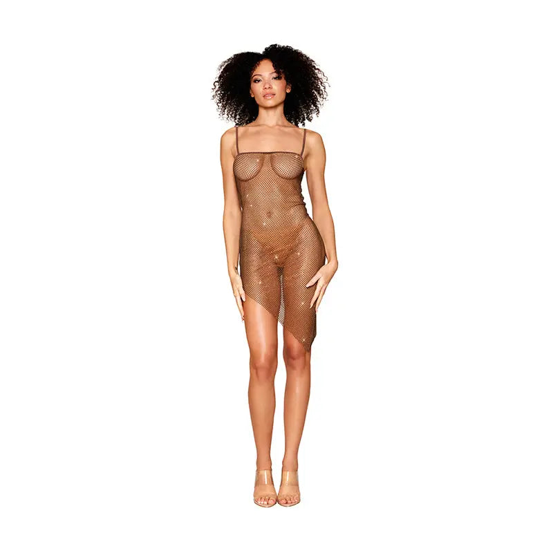 Lingerie - Baby dolls Chemises etc Dreamgirl Rhinestone Embellished Fishnet Chemise with an Asymmetrical Hemline Espresso M