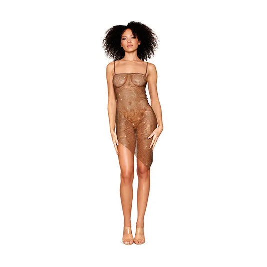 Lingerie - Baby dolls Chemises etc Dreamgirl Rhinestone Embellished Fishnet Chemise with an Asymmetrical Hemline Espresso M