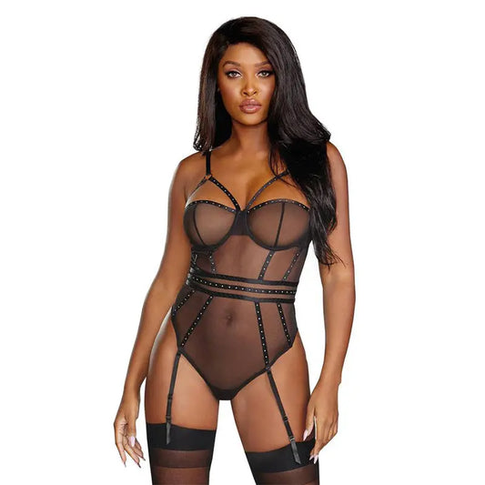 Lingerie - Baby dolls Chemises etc Dreamgirl Sheer Stretch Mesh Snap Crotch Teddy With Removable Garters Black Small Hanging