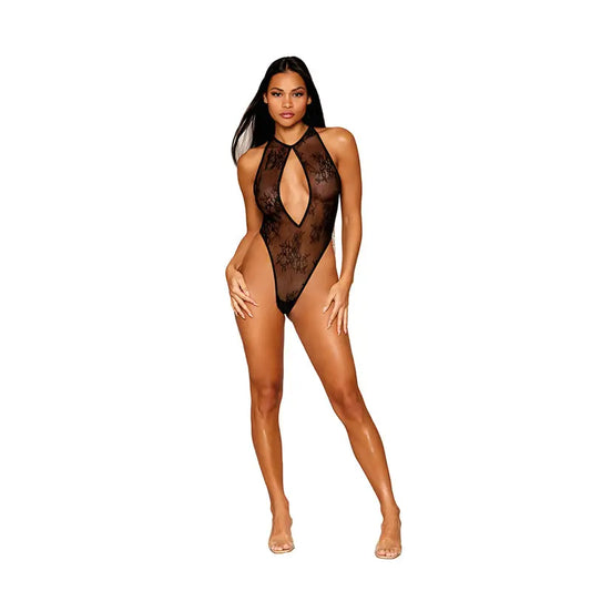 Lingerie - Baby dolls Chemises etc Dreamgirl Stretch Lace Halter Teddy with Keyhole Neckline and Open Rhinestone Fringe Back Black M