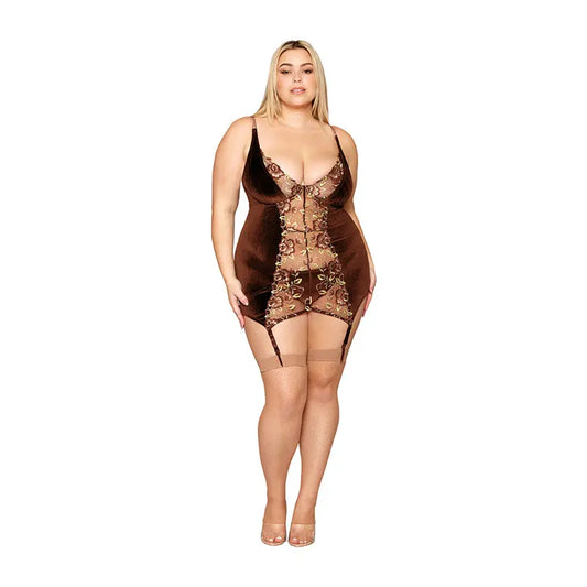 Lingerie - Baby dolls Chemises etc Dreamgirl Stretch Velvet and Embroidered Band Garter Slip and G-String Set Espresso 3XL