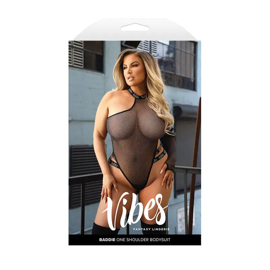 Lingerie - Baby dolls Chemises etc Fantasy Lingerie Vibes Baddie One Shoulder Long Sleeve Glitter Mesh Bodysuit Queen Size