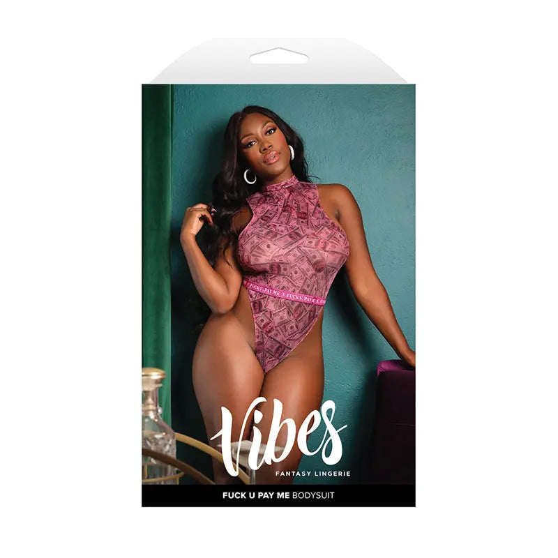 Lingerie - Baby dolls Chemises etc Fantasy Lingerie Vibes Fuck U Pay Me Money-Print Sparkle Mesh Bodysuit Queen Size