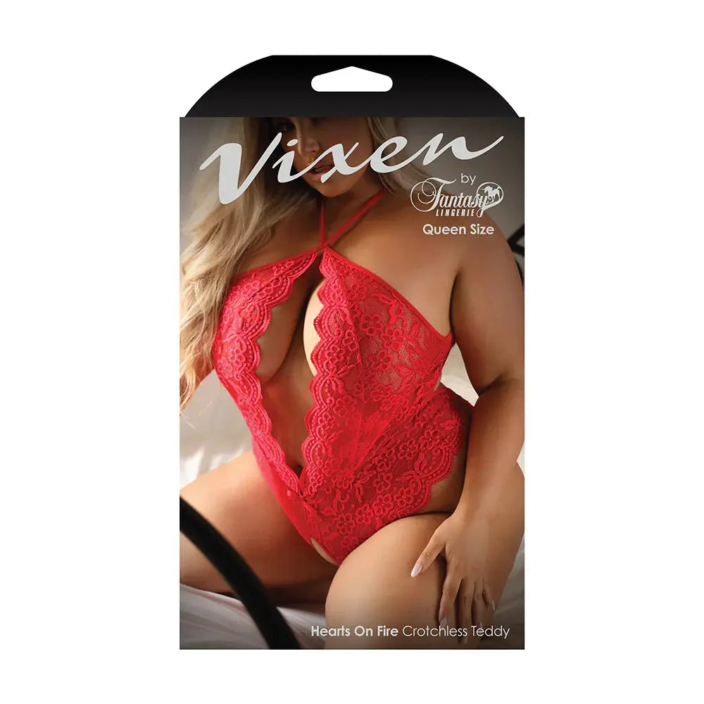 Lingerie - Baby dolls Chemises etc Hearts On Fire Crotchless Lace Teddy with Open Pearl Draped Back Red Queen Size