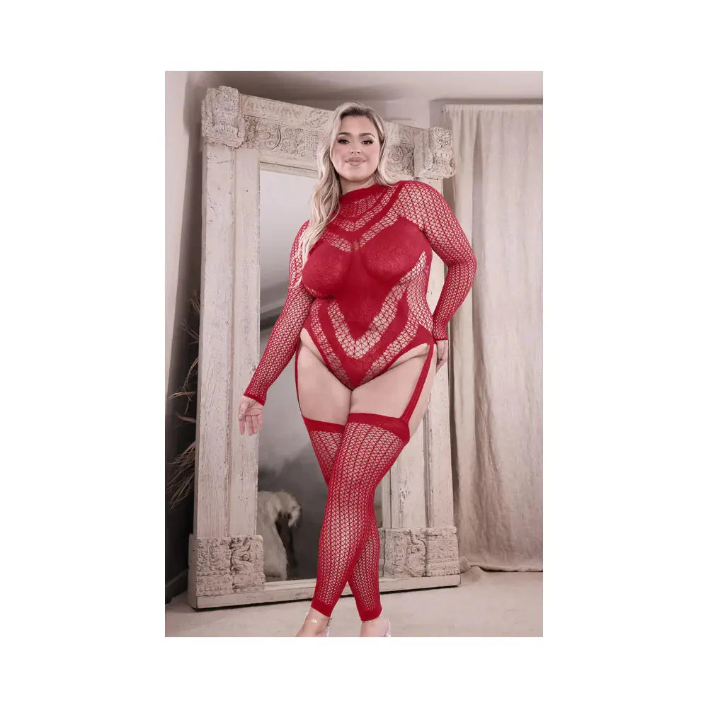 Lingerie - Baby dolls Chemises etc Infatuation Open Back Longsleeve Teddy Bodystocking Red Queen Size
