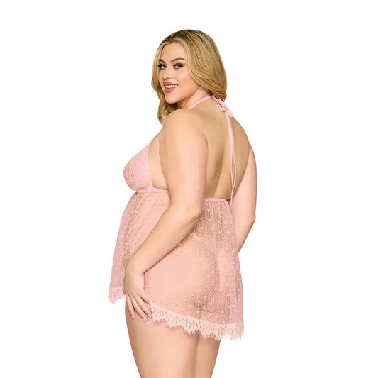 Lingerie - Baby dolls Chemises etc Lace and Polka Dot Mesh Babydoll and G-String Plus Pink Lingerie 3XL