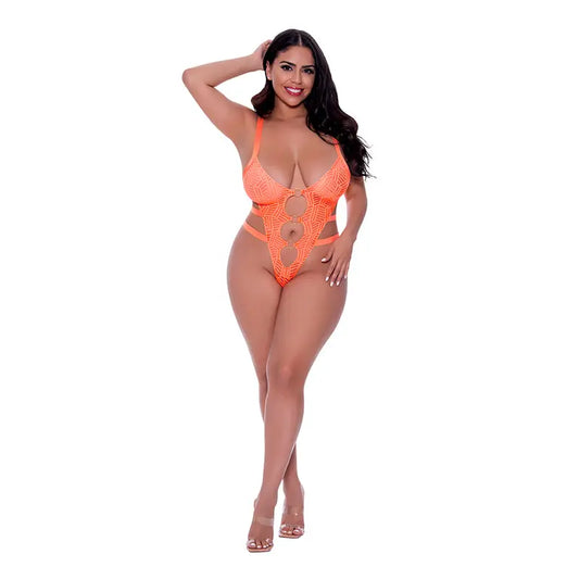 Lingerie - Baby dolls Chemises etc Magic Silk Rude Awakening Strappy Teddy Neon Orange Queen Size