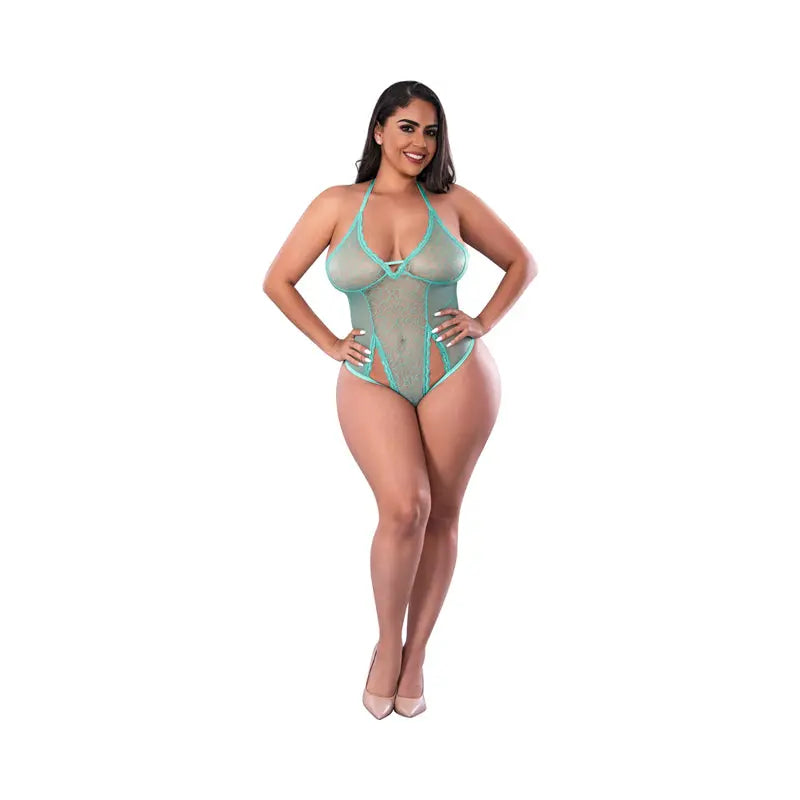 Lingerie - Baby dolls Chemises etc Magic Silk Soft Petals Cut Out Teddy with Snap Crotch Aqua Queen Size