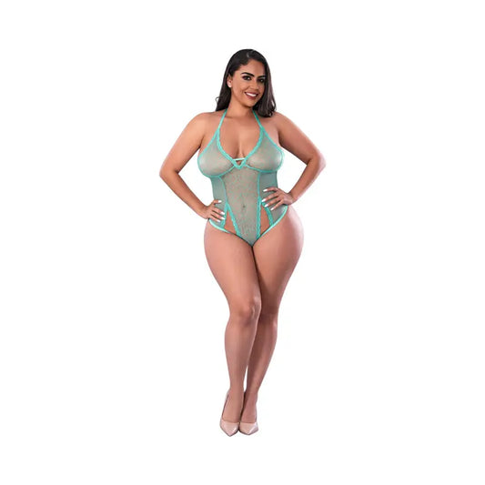 Lingerie - Baby dolls Chemises etc Magic Silk Soft Petals Cut Out Teddy with Snap Crotch Aqua Queen Size