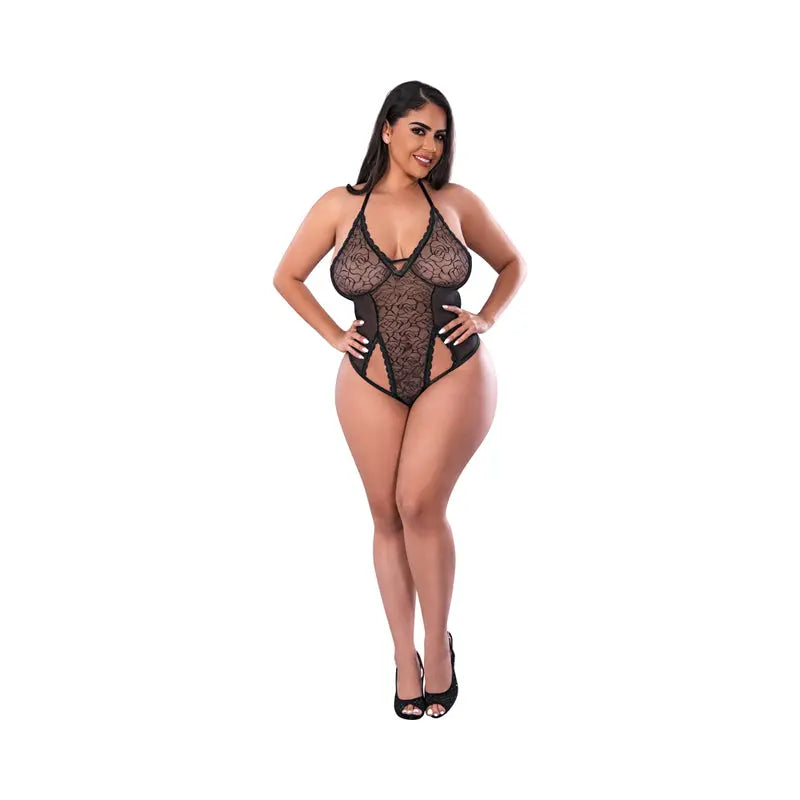 Lingerie - Baby dolls Chemises etc Magic Silk Soft Petals Cut Out Teddy with Snap Crotch Black Queen Size