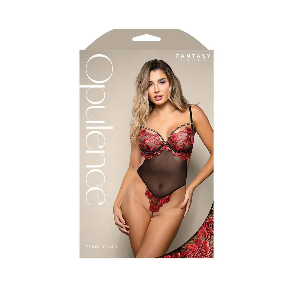 Lingerie - Baby dolls Chemises etc Opulence Floral Embroidered Mesh Teddy with Underwire Pearl Cups & Pearl String M/L