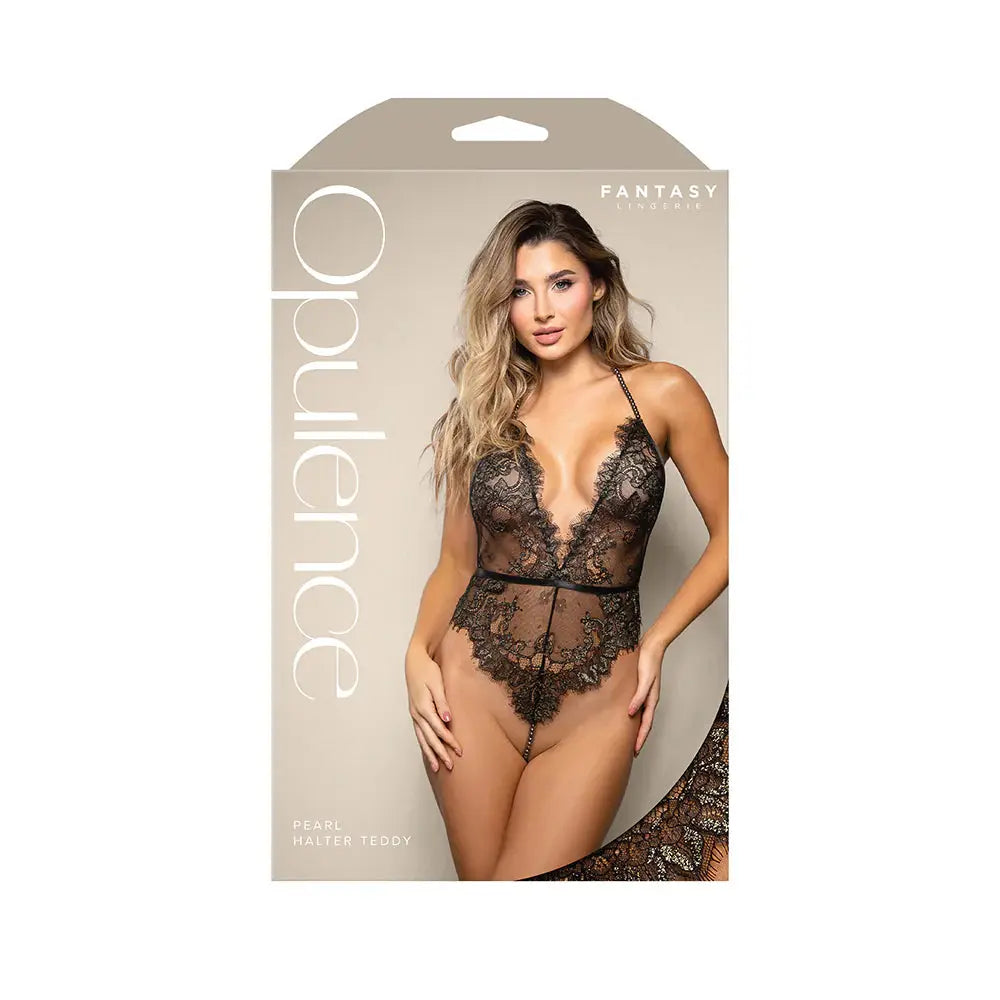 Lingerie - Baby dolls Chemises etc Opulence Shimmer Lace Pearl Halter Teddy with Open Back & Pearl String Crotch M/L
