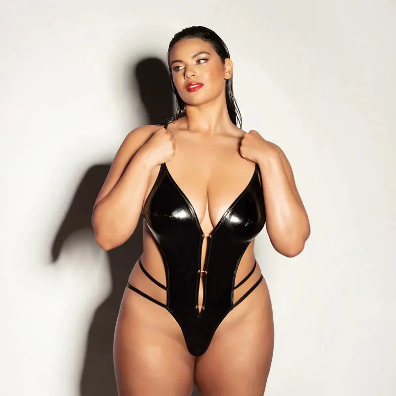 Lingerie - Baby dolls Chemises etc Plus Latex Look Lingerie Whipped Soft Cup Open Gusset Vinyl Teddy with Barbell Trim Queen Size
