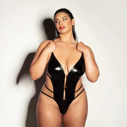 Lingerie - Baby dolls Chemises etc Plus Latex Look Lingerie Whipped Soft Cup Open Gusset Vinyl Teddy with Barbell Trim Queen Size