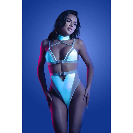 Lingerie - Baby dolls Chemises etc Prismatic Iridescent Glow-in-the-Dark Cut-Out Harness Bodysuit L/XL