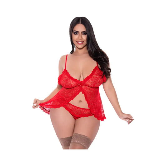 Lingerie - Baby dolls Chemises etc Red Plus Babydoll and Split-Crotch Panty Set Red Queen
