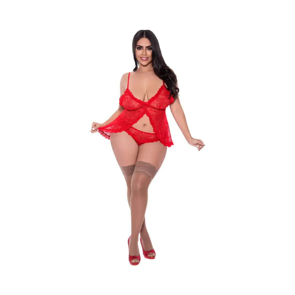 Lingerie - Baby dolls Chemises etc Red Plus Babydoll and Split-Crotch Panty Set Red Queen