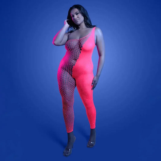 Lingerie - Body Stockings Fantasy Lingerie Glow Hyperdrive UV Reactive Rhinestone Bodystocking Queen Size
