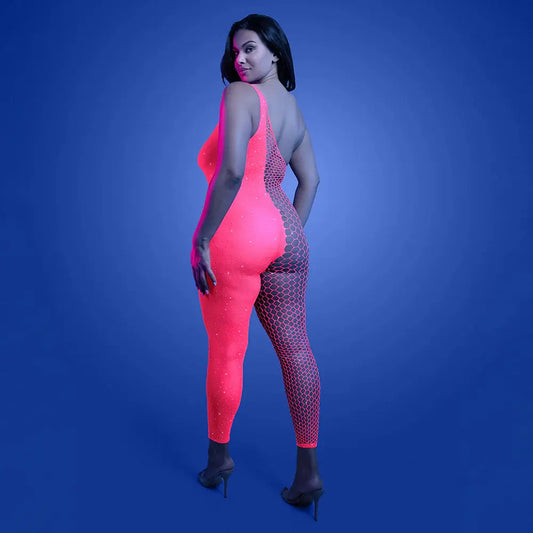 Lingerie - Body Stockings Fantasy Lingerie Glow Hyperdrive UV Reactive Rhinestone Bodystocking Queen Size
