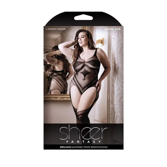 Lingerie - Body Stockings Fantasy Lingerie Sheer Impulsive Gartered Teddy Bodystocking Queen Size Black