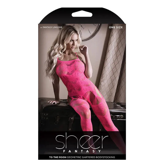 Lingerie - Body Stockings Fantasy Lingerie Sheer To The Moon Multi-Garter Geometric Bodystocking Neon Pink O/S