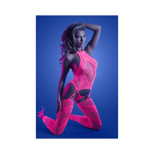 Lingerie - Body Stockings Glow Captivating High Neck Halter Bodystocking and G-String Set Neon Pink O/S