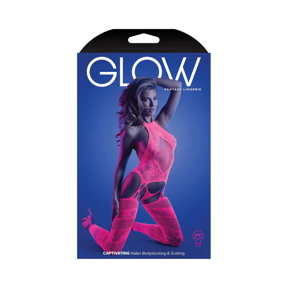 Lingerie - Body Stockings Glow Captivating High Neck Halter Bodystocking and G-String Set Neon Pink O/S
