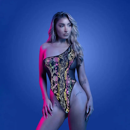 Lingerie - Body Stockings Glow Luminescent Floral Print One-Shoulder Teddy M/L