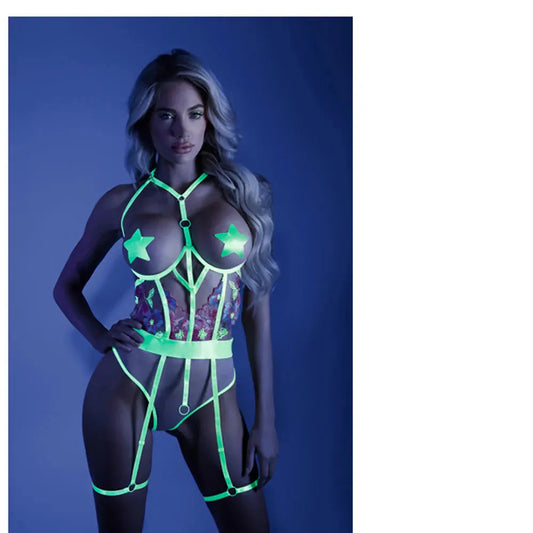Lingerie - Body Stockings Glow Open-Cup Crotchless Teddy Neon Yellow L/XL