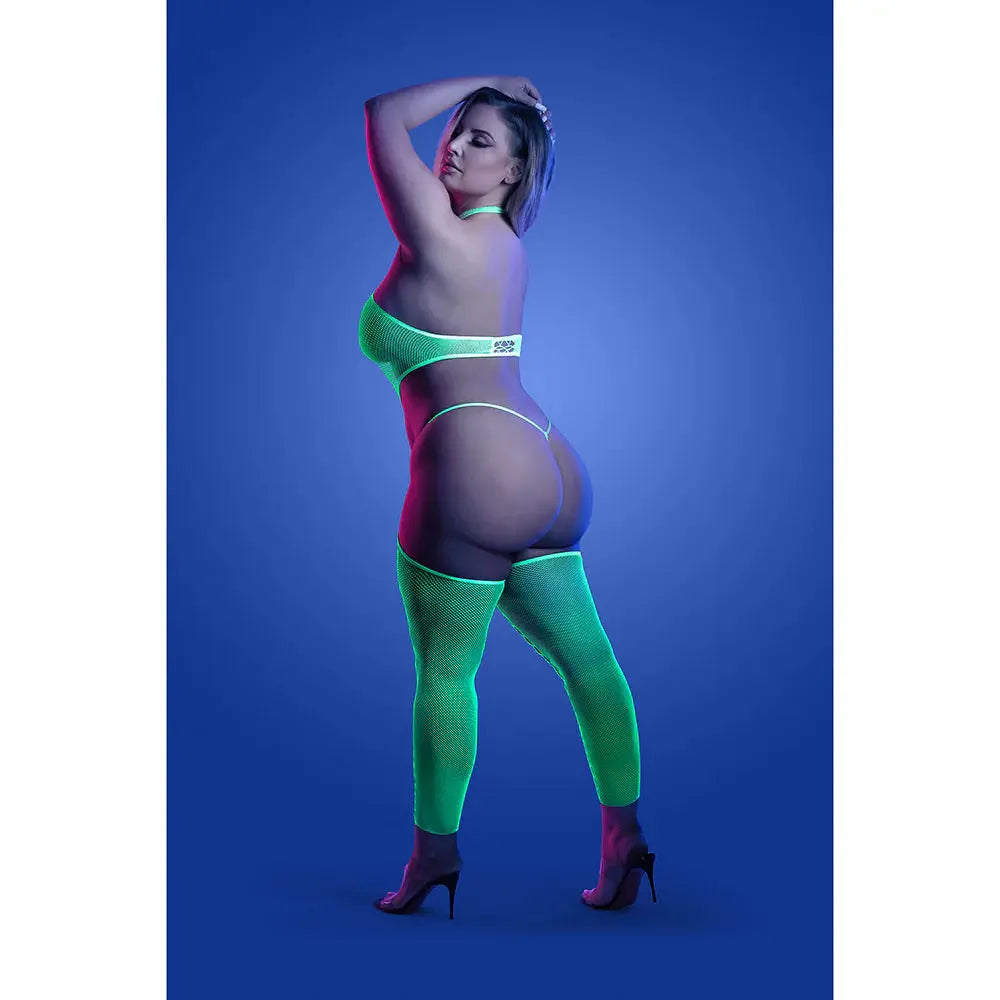 Lingerie - Body Stockings High Voltage UV Reactive High Neck Bodystocking & G-String Panty Queen Size