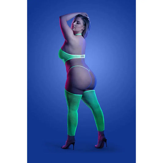 Lingerie - Body Stockings High Voltage UV Reactive High Neck Bodystocking & G-String Panty Queen Size