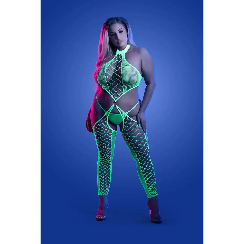 Lingerie - Body Stockings High Voltage UV Reactive High Neck Bodystocking & G-String Panty Queen Size