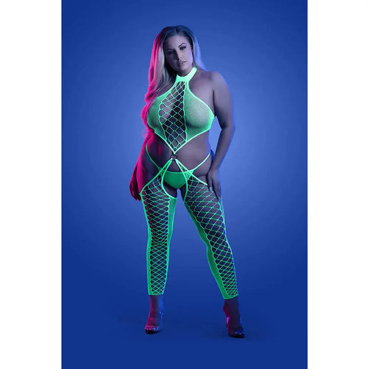 Lingerie - Body Stockings High Voltage UV Reactive High Neck Bodystocking & G-String Panty Queen Size