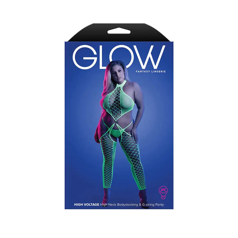 Lingerie - Body Stockings High Voltage UV Reactive High Neck Bodystocking & G-String Panty Queen Size
