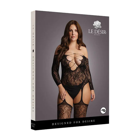 Lingerie - Body Stockings Le Desir Criss Cross Neck Suspender Bodystocking Black Queen Size