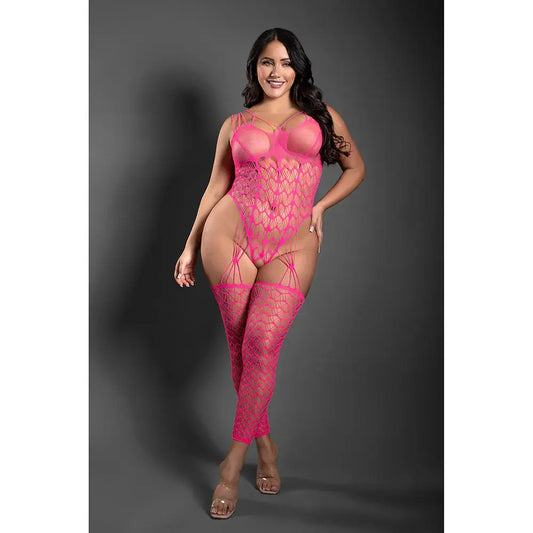 Lingerie - Body Stockings Plus Pink Lingerie Next To You Crotchless Geometric Fishnet Teddy Bodystocking