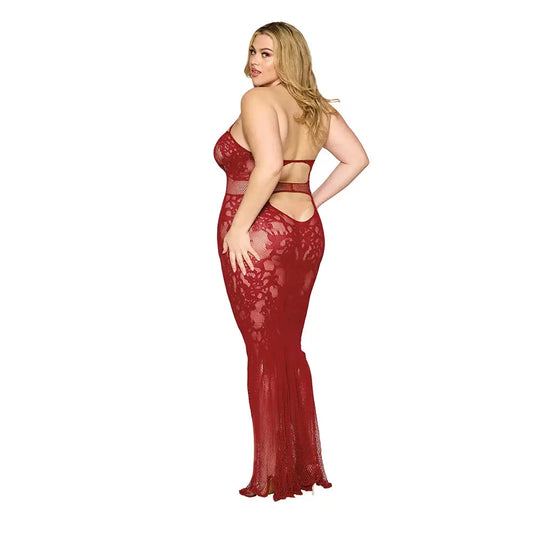 Lingerie - Body Stockings Plus Red Lingerie Lace Bodystocking Gown with Bustier Detail Oxblood Queen Size