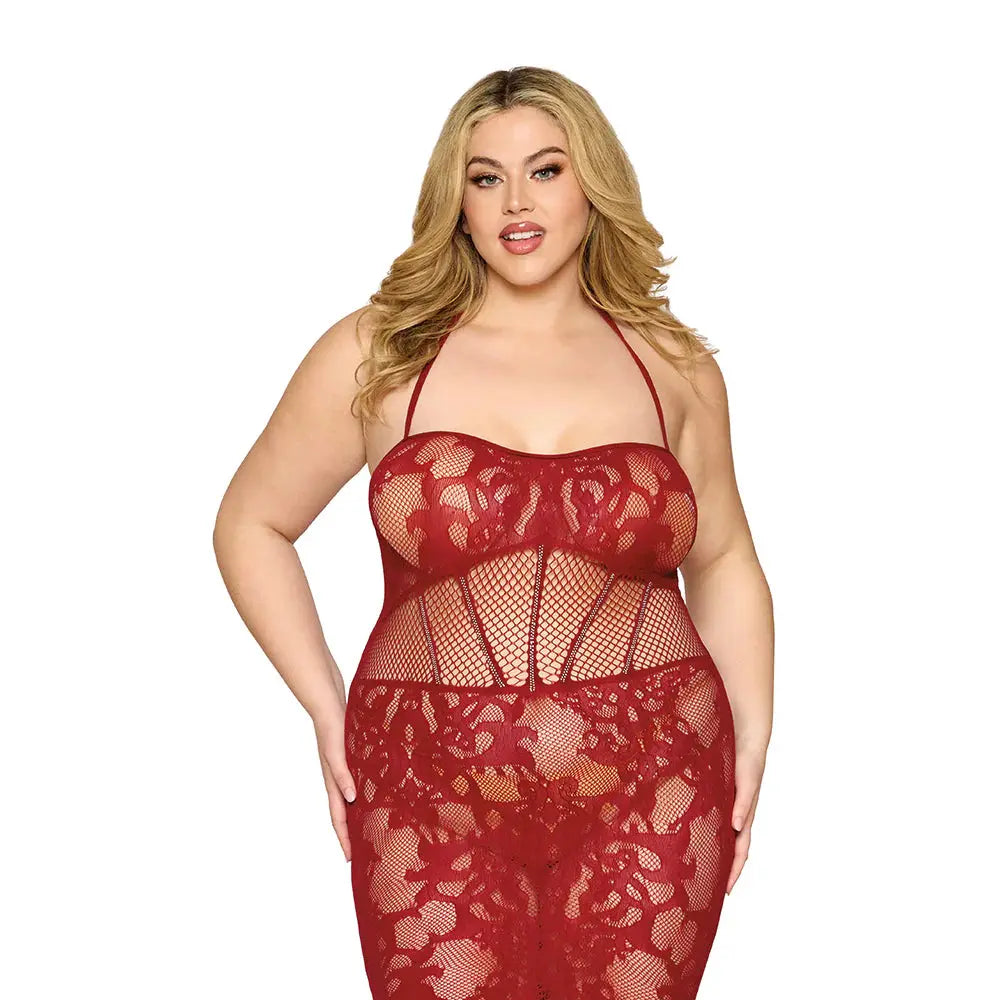Lingerie - Body Stockings Plus Red Lingerie Lace Bodystocking Gown with Bustier Detail Oxblood Queen Size