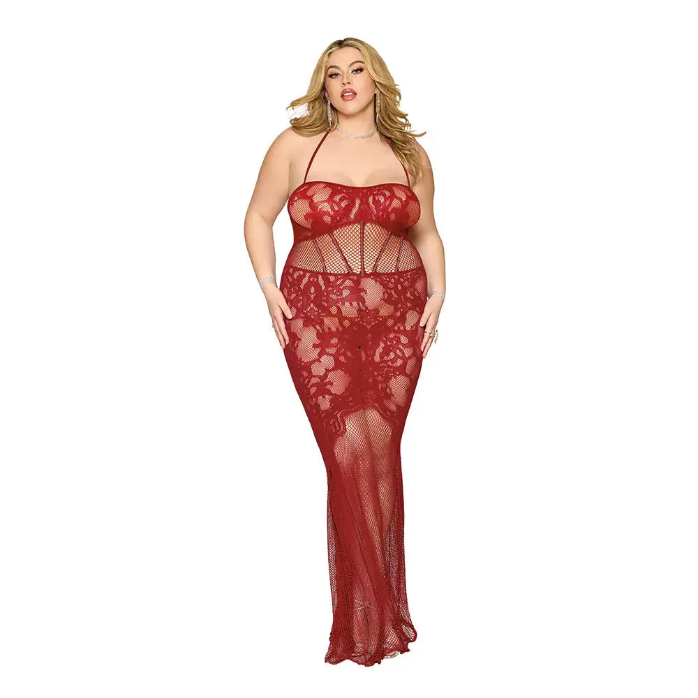 Lingerie - Body Stockings Plus Red Lingerie Lace Bodystocking Gown with Bustier Detail Oxblood Queen Size