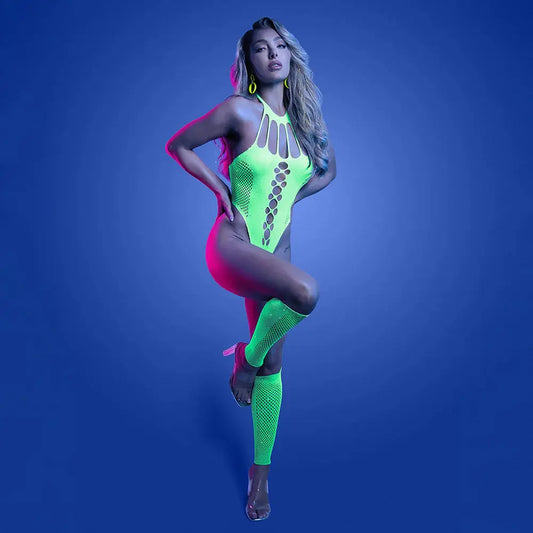 Lingerie - Body Stockings Pressure Point UV Reactive Rhinestone Teddy & Gloves O/S