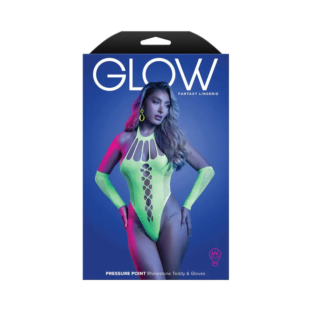 Lingerie - Body Stockings Pressure Point UV Reactive Rhinestone Teddy & Gloves O/S